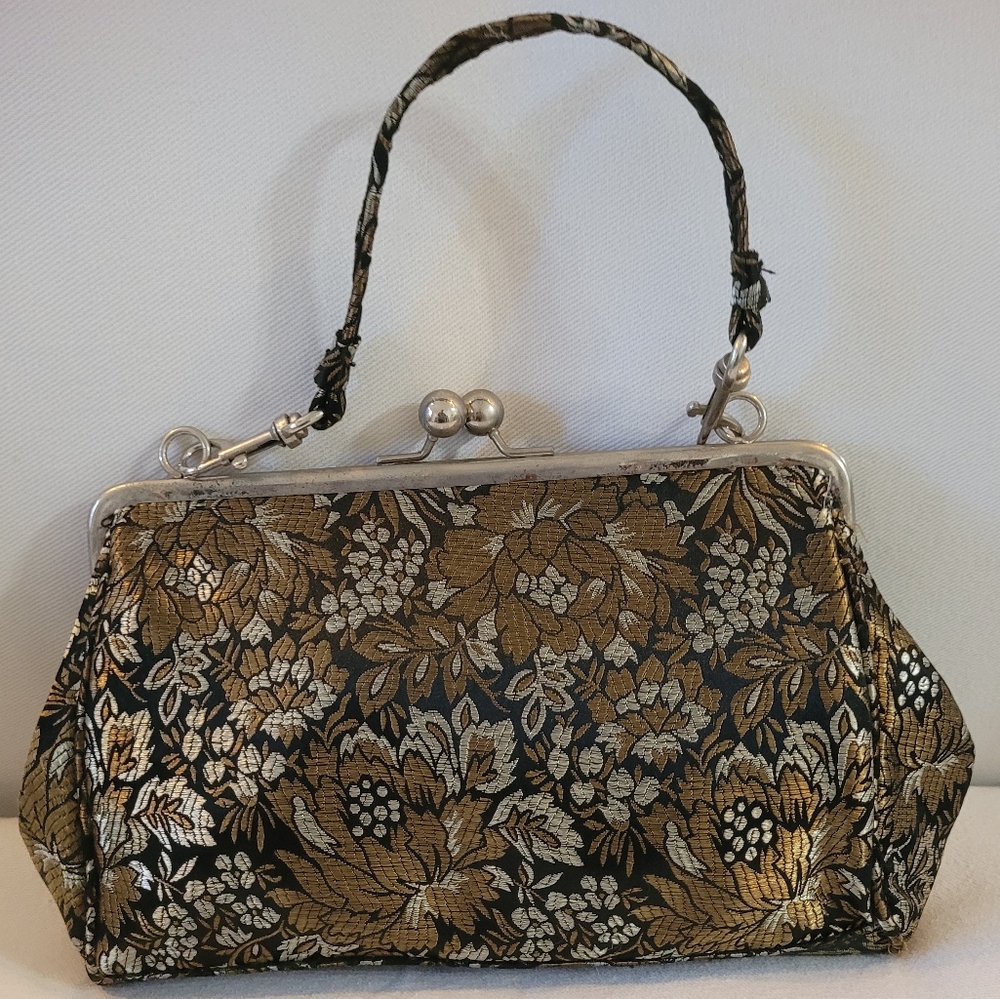 Elegant Floral Black and Gold Handbag